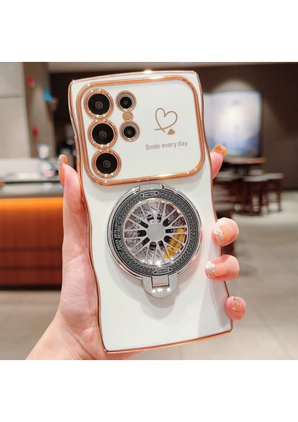 Samsung Galaxy S24 Ultra Kılıf Galvanik Gyro Tasarım Kickstand Yumuşak Tpu Telefon Kapağı-Fildişi Beyazı (Yurt Dışından)