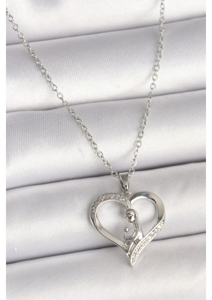 316L Çelik Gümüş Renk Zincir Zirkon Taş Detaylı Kalp Model Kadın Kolye