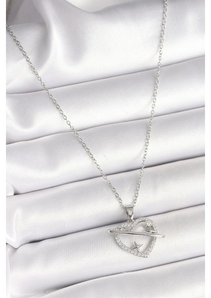 316L Çelik Gümüş Renk Zincir Zirkon Taşlı Kalp Model Yıldız Detay Kadın Kolye fiyatları