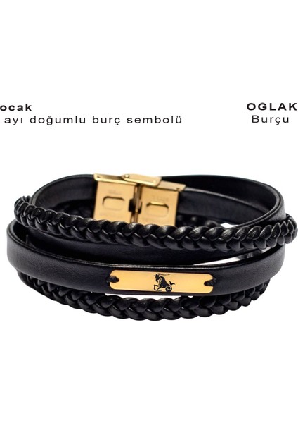 Dikdörtgen Motifli, Siyah Deri Örgülü ve 14 Ayar Altın Plakalı Doğum Ayına Özel Bileklik
