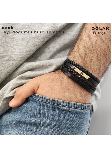 Dikdörtgen Motifli, Siyah Deri Örgülü ve 14 Ayar Altın Plakalı Doğum Ayına Özel Bileklik fiyatları