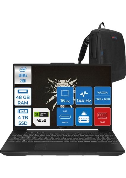Tuf Gaming F16 FX607VU Intel Core Ultra 5 210H 48GB Ddr5 4tb SSD 6GB/RTX4050/140W Windows 11 Pro 16" Fhd+ 144Hz IPS Taşınabilir Bilgisayar FXRL141P16 + Zettaçanta