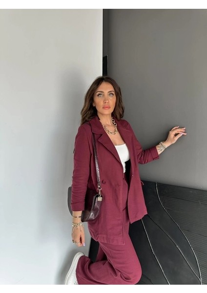 Asortik Kadın Kapak Cepli Bol Pantolonlu Kruvaze Keten Takım fiyatları