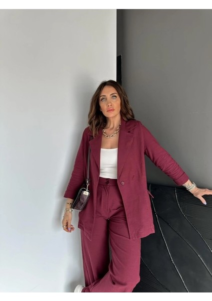 Asortik Kadın Kapak Cepli Bol Pantolonlu Kruvaze Keten Takım indirimleri
