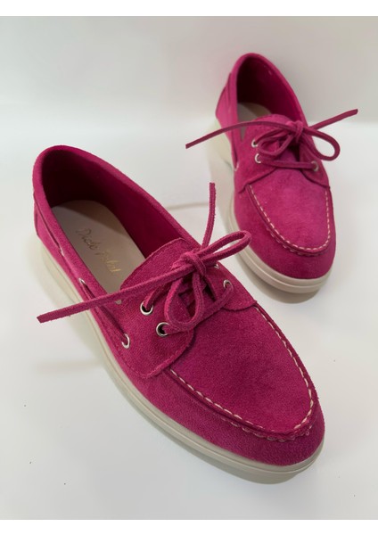 Kadın Fuşya Süet Düz Taban Bağcıklı Loafer Günlük Ayakkabı Bonk