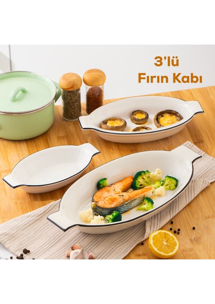 085 Oval 3 Boy Porselen Servis Sunum Fırın Pişirme Kabı Seti Siyah Detaylı