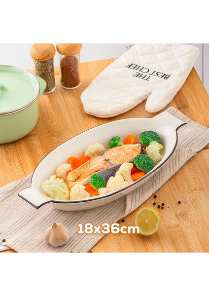 085 Oval 3 Boy Porselen Servis Sunum Fırın Pişirme Kabı Seti Siyah Detaylı