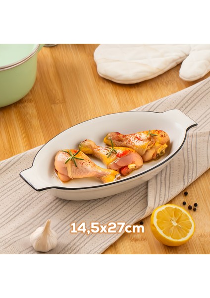 085 Oval 3 Boy Porselen Servis Sunum Fırın Pişirme Kabı Seti Siyah Detaylı