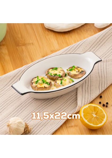 085 Oval 3 Boy Porselen Servis Sunum Fırın Pişirme Kabı Seti Siyah Detaylı