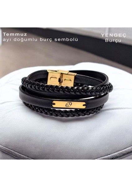 14 Ayar Altın Plakalı Dikdörtgen Motifli ve Şahane Siyah Deri Örgülü Burç Semboller Bilekliği