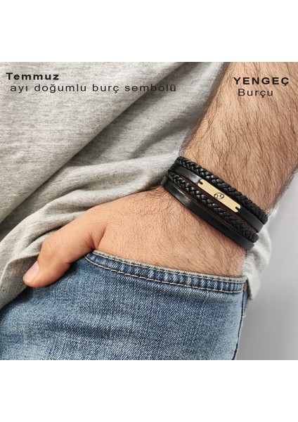 14 Ayar Altın Plakalı Dikdörtgen Motifli ve Şahane Siyah Deri Örgülü Burç Semboller Bilekliği fiyatları