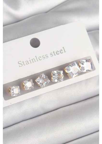 316L Çelik Gold Renk Kare Zirkon Taş Model Kadın Küpe Seti