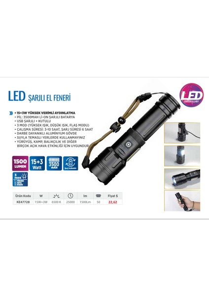 El Feneri 15+3W 1500 Lümen modelleri