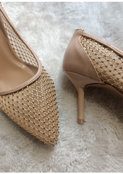 Chic Tül Transparan-Taş Detaylı Sivri Burun 6 cm Ince Topuk Abiye Ayakkabı