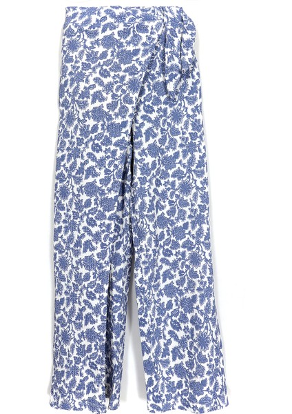 Desenli Wide Leg Kapaklı Bol Paça Kız Çocuk Yazlık Pantolon Mavi 001-0002020