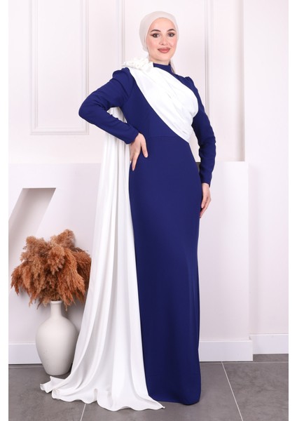 Saks Mavi Omuz Gül Detaylı Abiye