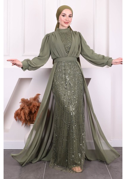 Haki Boncuklu Şifon Abiye