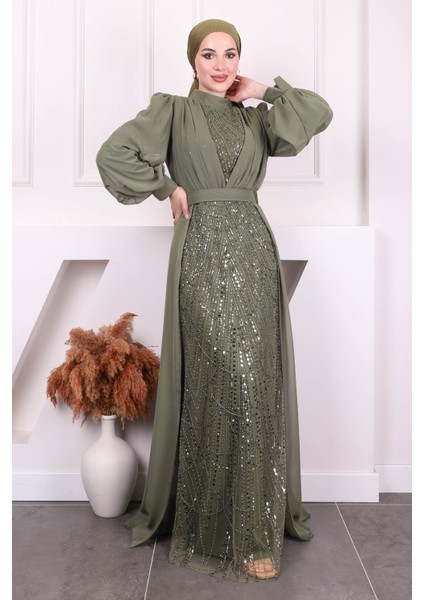 Haki Boncuklu Şifon Abiye fiyatları