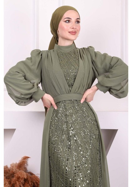 Haki Boncuklu Şifon Abiye modelleri