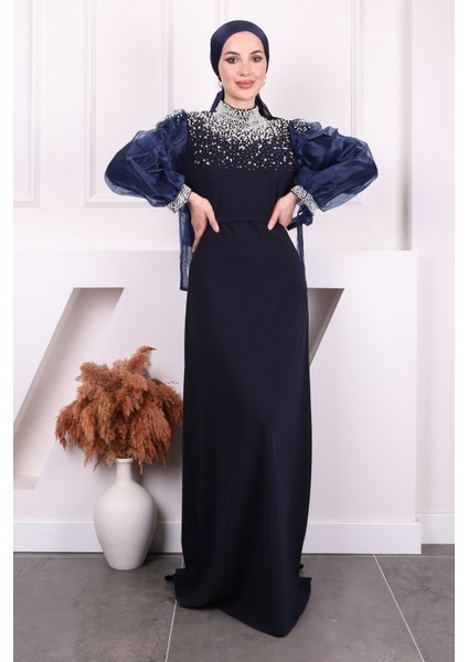 Lacivert Kolları Tül Boncuklu Abiye