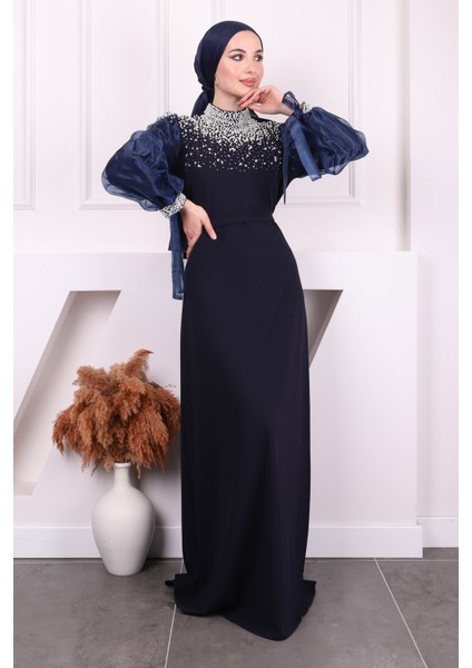 Lacivert Kolları Tül Boncuklu Abiye fiyatları