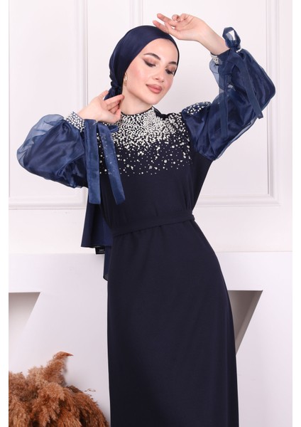 Lacivert Kolları Tül Boncuklu Abiye modelleri
