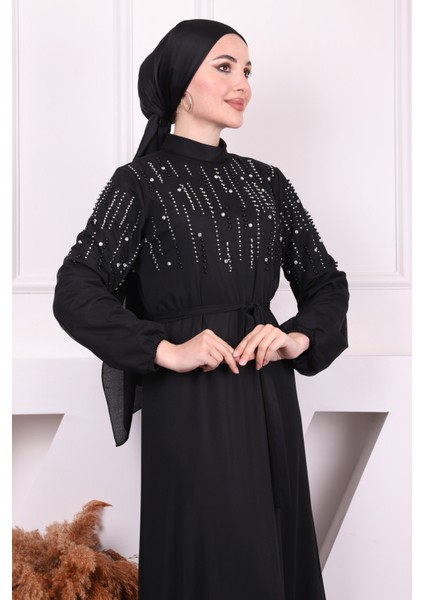 Siyah Eteği Fırfırlı Boncuklu Şifon Abiye