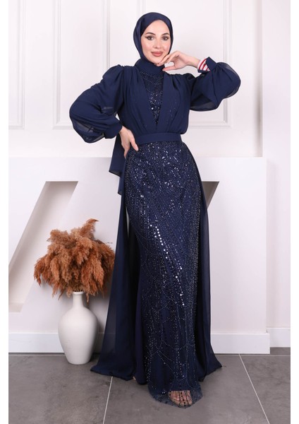 Lacivert Boncuklu Şifon Abiye