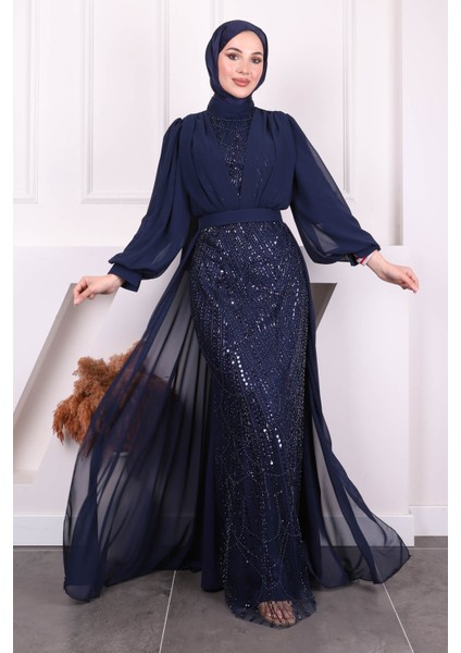 Lacivert Boncuklu Şifon Abiye fiyatları