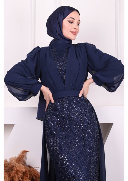 Lacivert Boncuklu Şifon Abiye modelleri