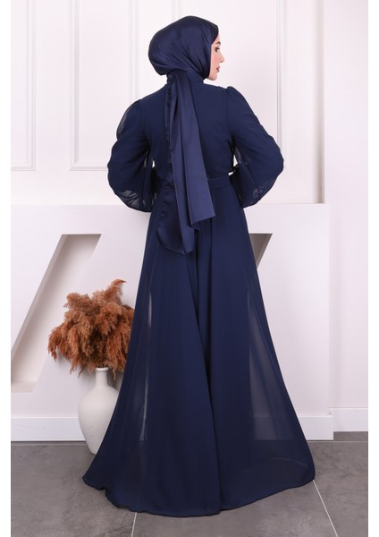 Lacivert Boncuklu Şifon Abiye fırsatları