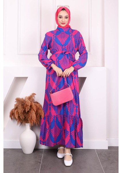 Fuşya Desenli Eteği Katlı Viscon Elbise