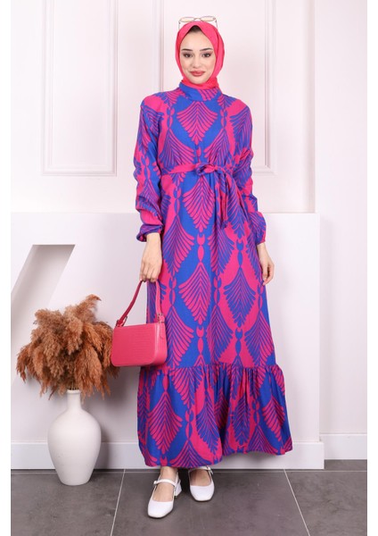 Fuşya Desenli Eteği Katlı Viscon Elbise fiyatları
