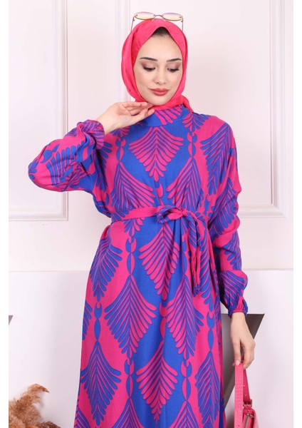 Fuşya Desenli Eteği Katlı Viscon Elbise modelleri