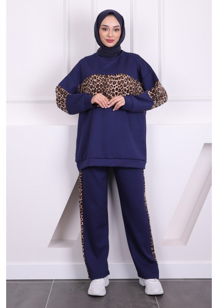 Lacivert Leoparlı Modal Tunik Pantolonlu Takım