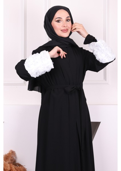 Siyah Kolu Çiçekli Bel Kuşaklı Abaya