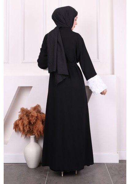 Siyah Kolu Çiçekli Bel Kuşaklı Abaya
