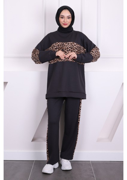 Füme Leoparlı Modal Tunik Pantolonlu Takım