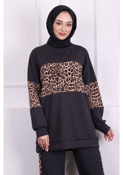 Füme Leoparlı Modal Tunik Pantolonlu Takım