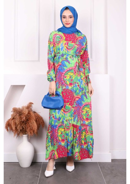 Yeşil Desenli Eteği Katlı Viscon Elbise