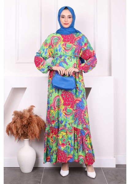 Yeşil Desenli Eteği Katlı Viscon Elbise fiyatları