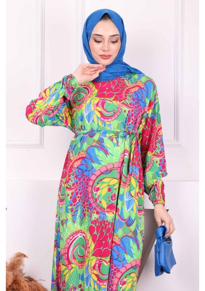 Yeşil Desenli Eteği Katlı Viscon Elbise modelleri