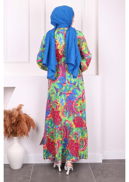 Yeşil Desenli Eteği Katlı Viscon Elbise fırsatları