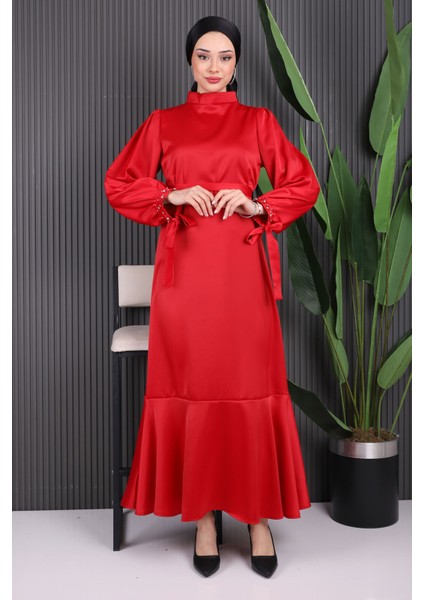 Kırmızı Taş Detaylı Eteği Volanlı Saten Abiye fiyatları