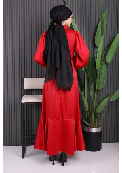 Kırmızı Taş Detaylı Eteği Volanlı Saten Abiye fırsatları