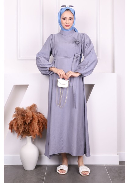 Gri Balon Kol Kuşaklı Elbise fiyatları