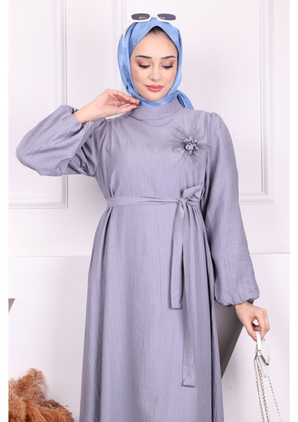 Gri Balon Kol Kuşaklı Elbise modelleri