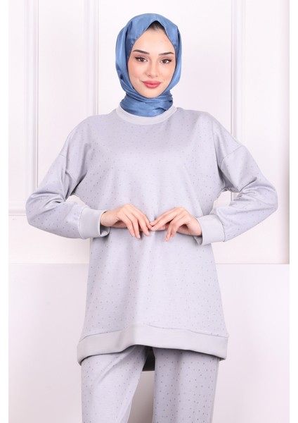 Gri Taş Detaylı Tunik Pantolonlu Oys Takım modelleri