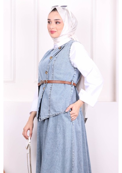 Mavi Bel Kemerli Yelek Etekli Kot Takım modelleri