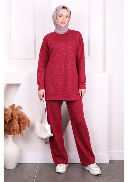 Bordo Taş Detaylı Tunik Pantolonlu Oys Takım